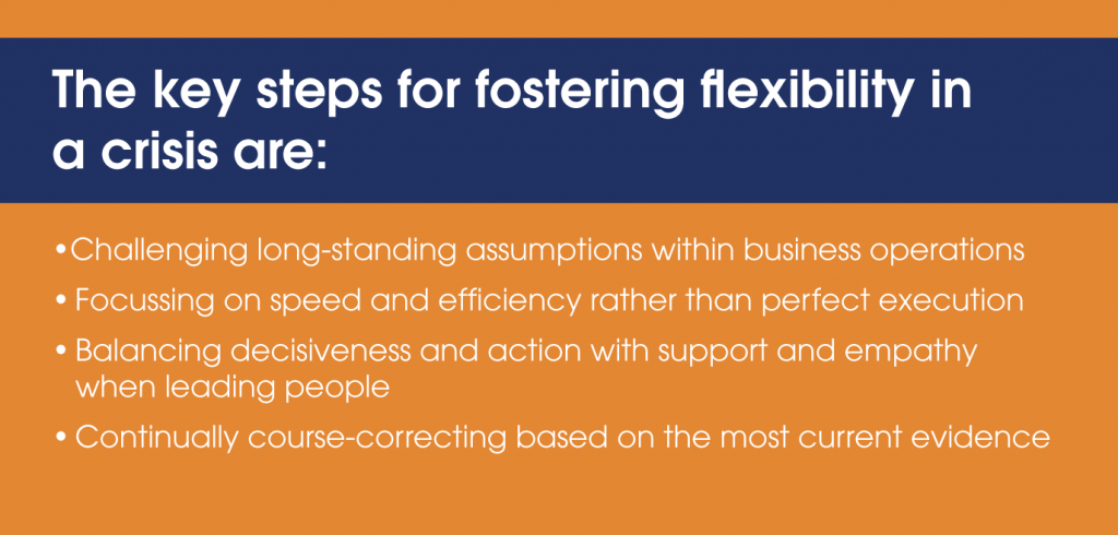 The key steps for fostering flexibility in a crisis are