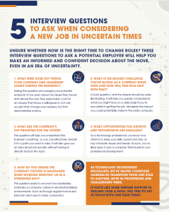 A poster about interview questions to ask when considering a new job in uncertain times