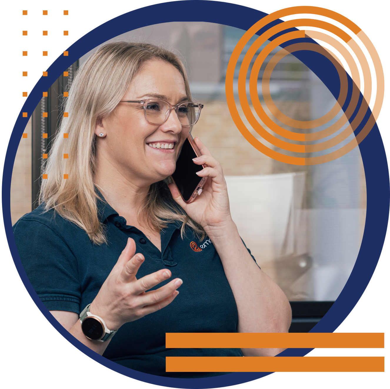 A woman wearing glasses is smiling while talking on a cell phone