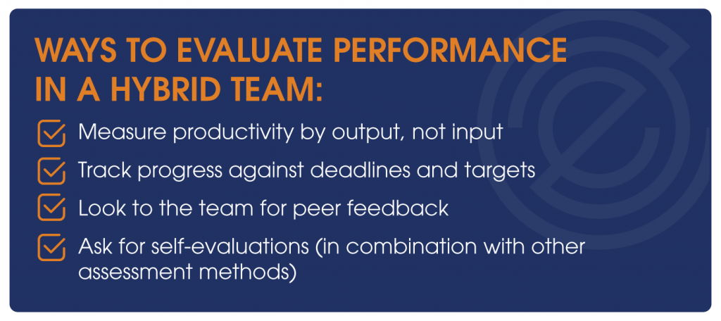A blue sign that says ways to evaluate performance in a hybrid team