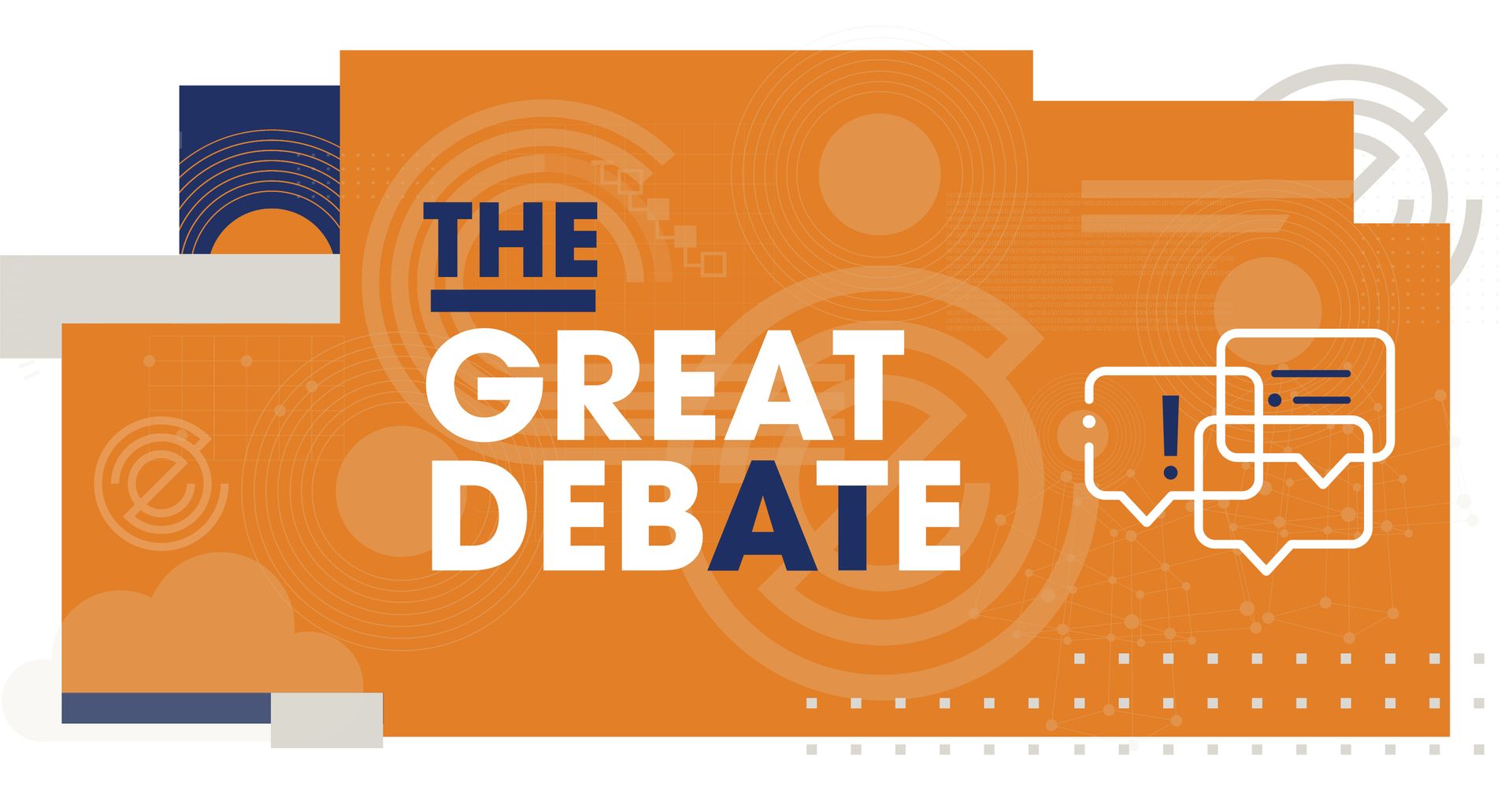Orange debate promo reading “THE GREAT DEBATE” and “Two Cities. One Question. The Same Answer.”