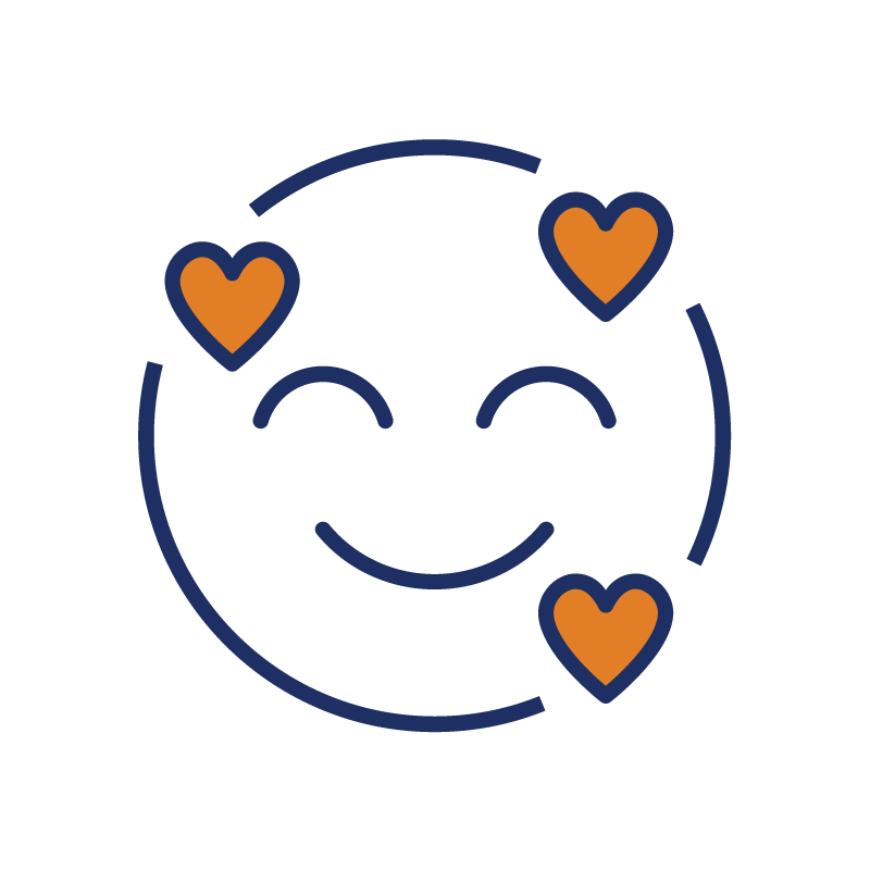 A smiling face with three hearts around it.