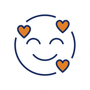 A smiling face with three hearts around it.