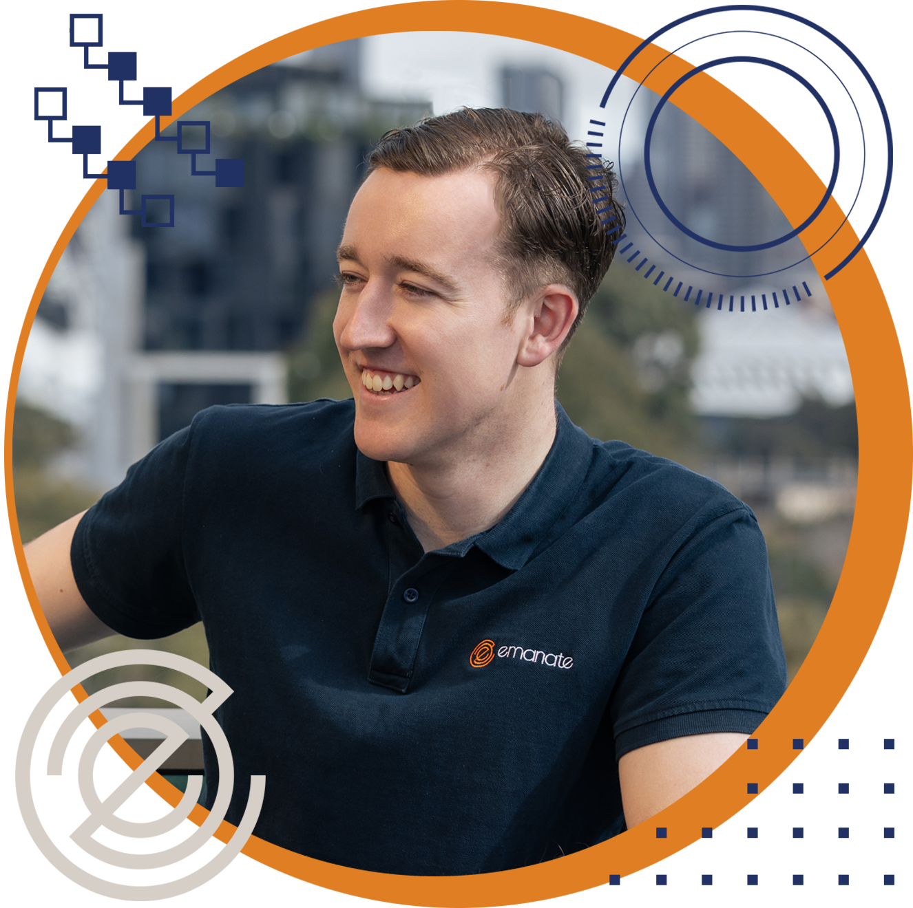 A man in a suit is smiling in a circle.