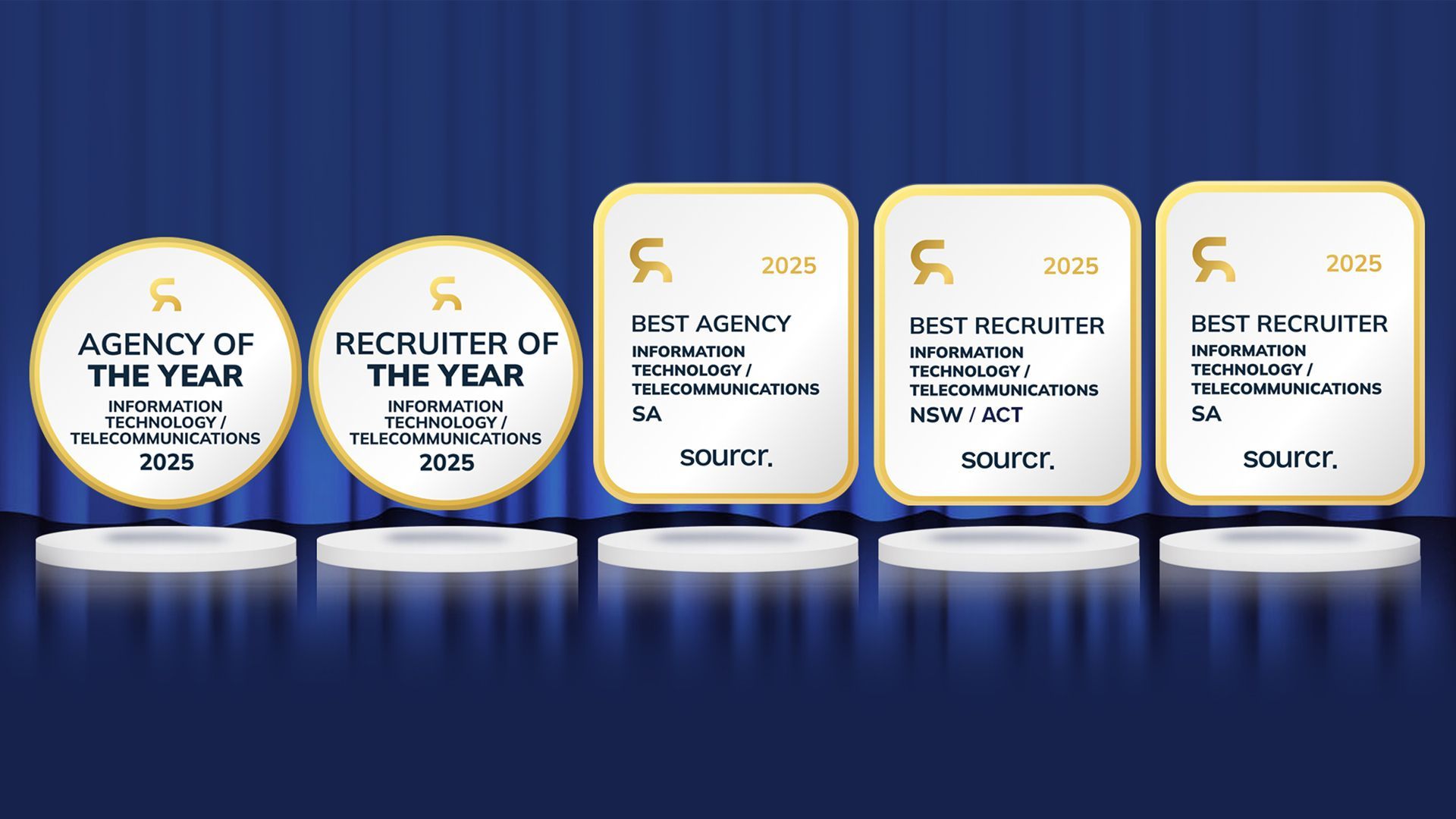 Awards on a pedestal for Agency of the Year,  Recruiter of the Year and Best Tech Agency South Aust