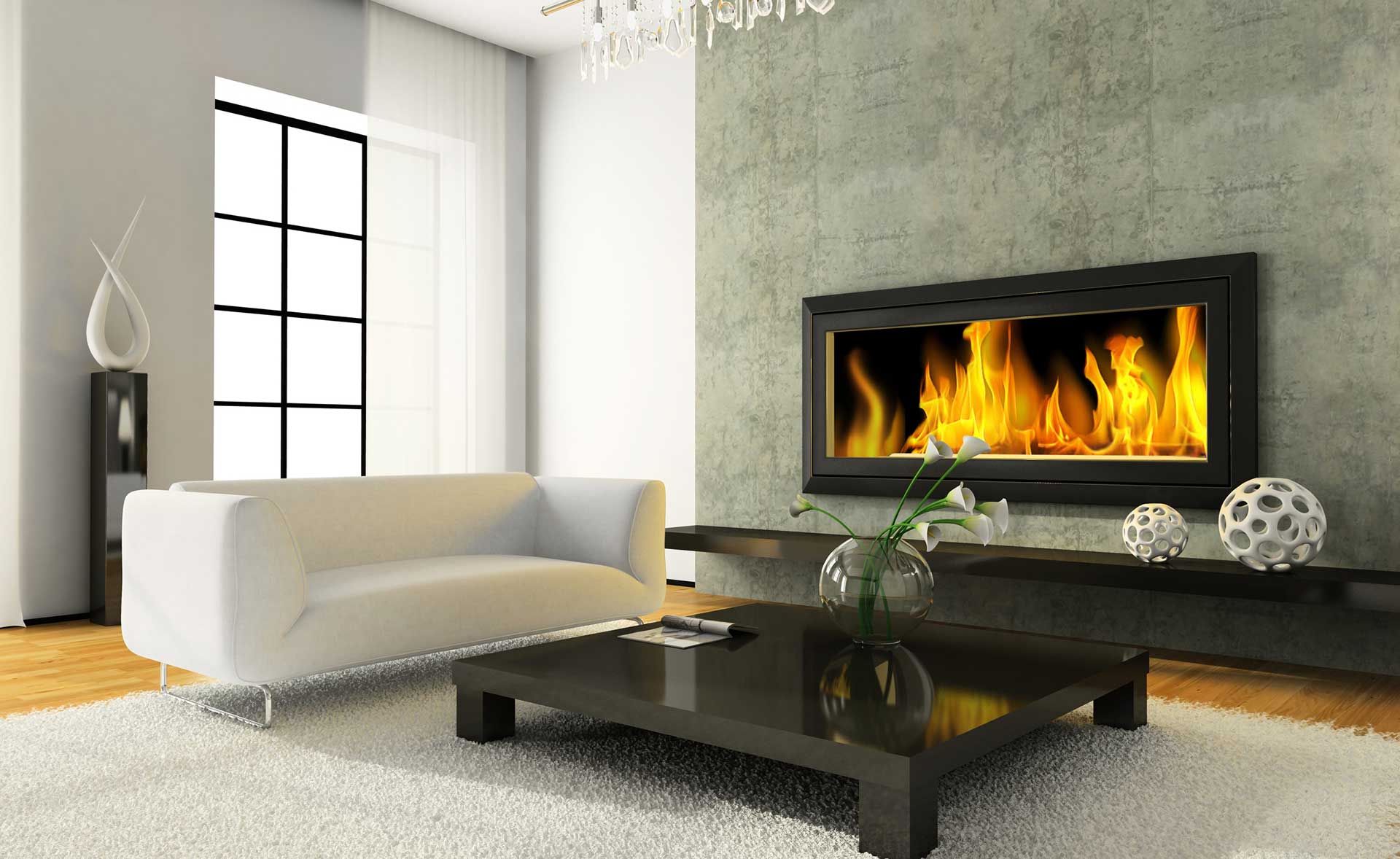 modern room with fireplace