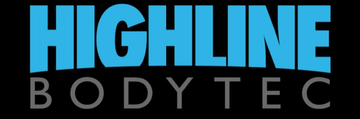 Het logo van highline bodytec is blauw op een zwarte achtergrond