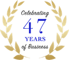 Logo celebrating 47 years of business; blue 