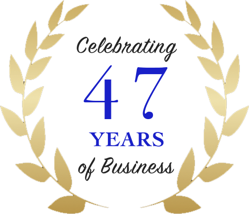 Logo celebrating 47 years of business; blue 