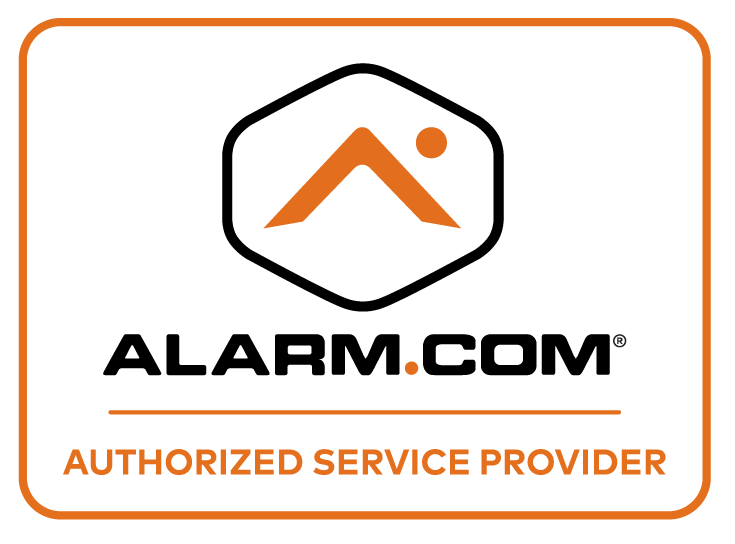 Alarm.com Authorized Service Provider logo: orange and white with a stylized mountain and dot icon.