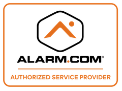 Alarm.com Authorized Service Provider logo: orange and white with a stylized mountain and dot icon.