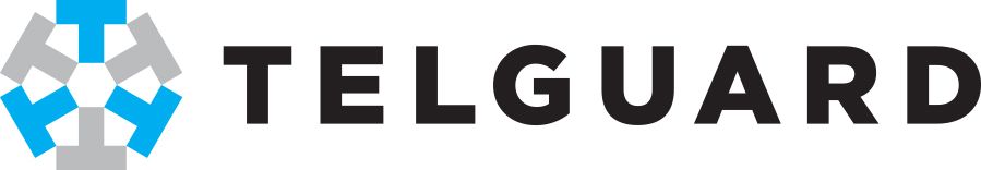 Logo for Telguard, featuring a geometric shape in blue and gray, with the brand name in black.