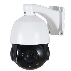White and black security camera mounted on a wall bracket, angled downward.