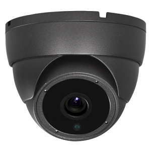 Black dome security camera with central lens and infrared LED.