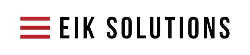 EIK Solutions logo with red horizontal lines and black text.