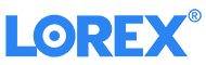 Lorex logo, blue text on white background, the "O" contains a circle with a dot in the center.