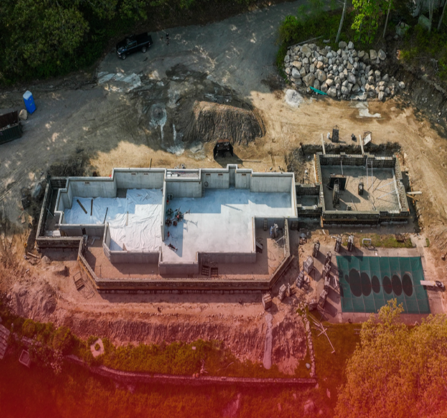 An aerial view of a house that is being built