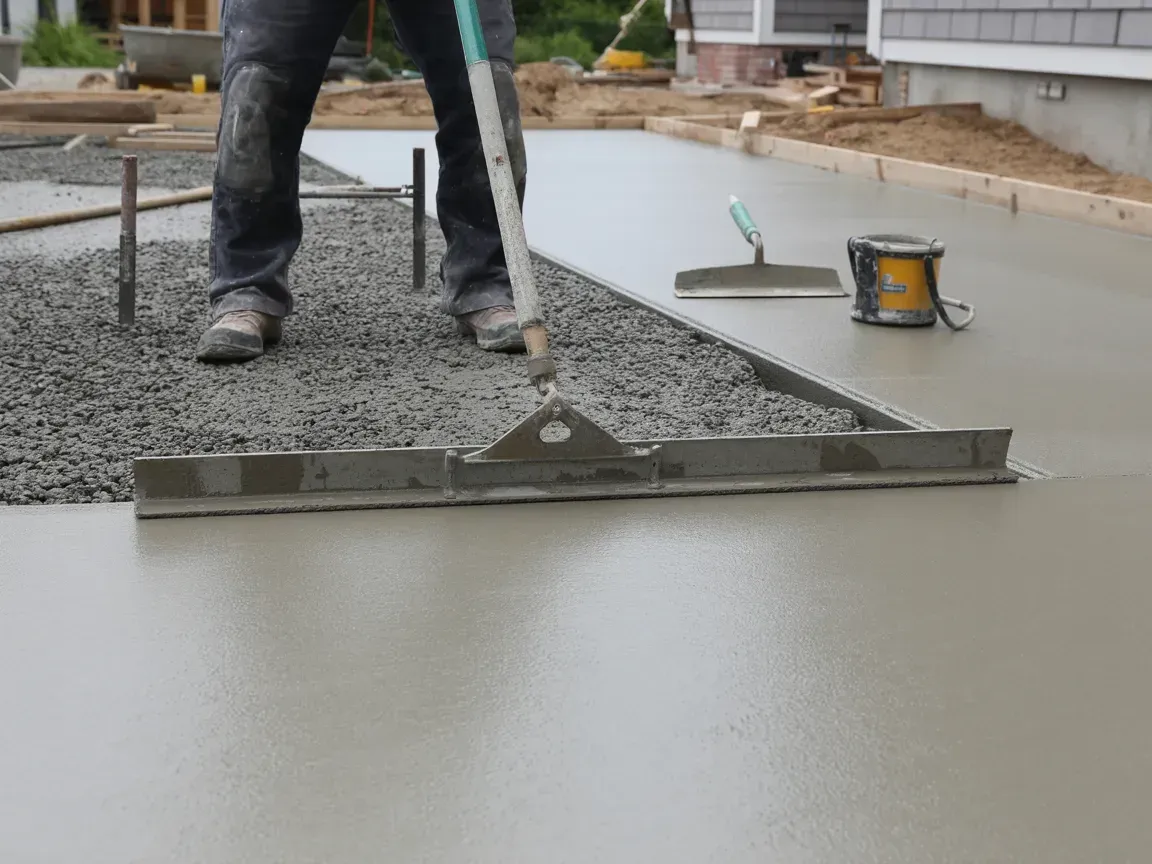 Person leveling wet concrete with a screed tool on a construction site.