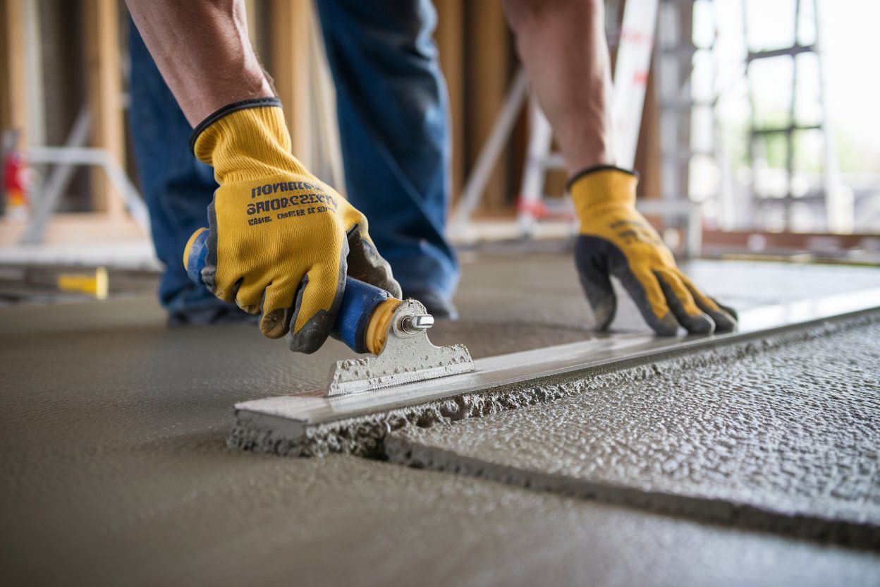 A construction worker wearing yellow gloves is spreading concrete on the floor.