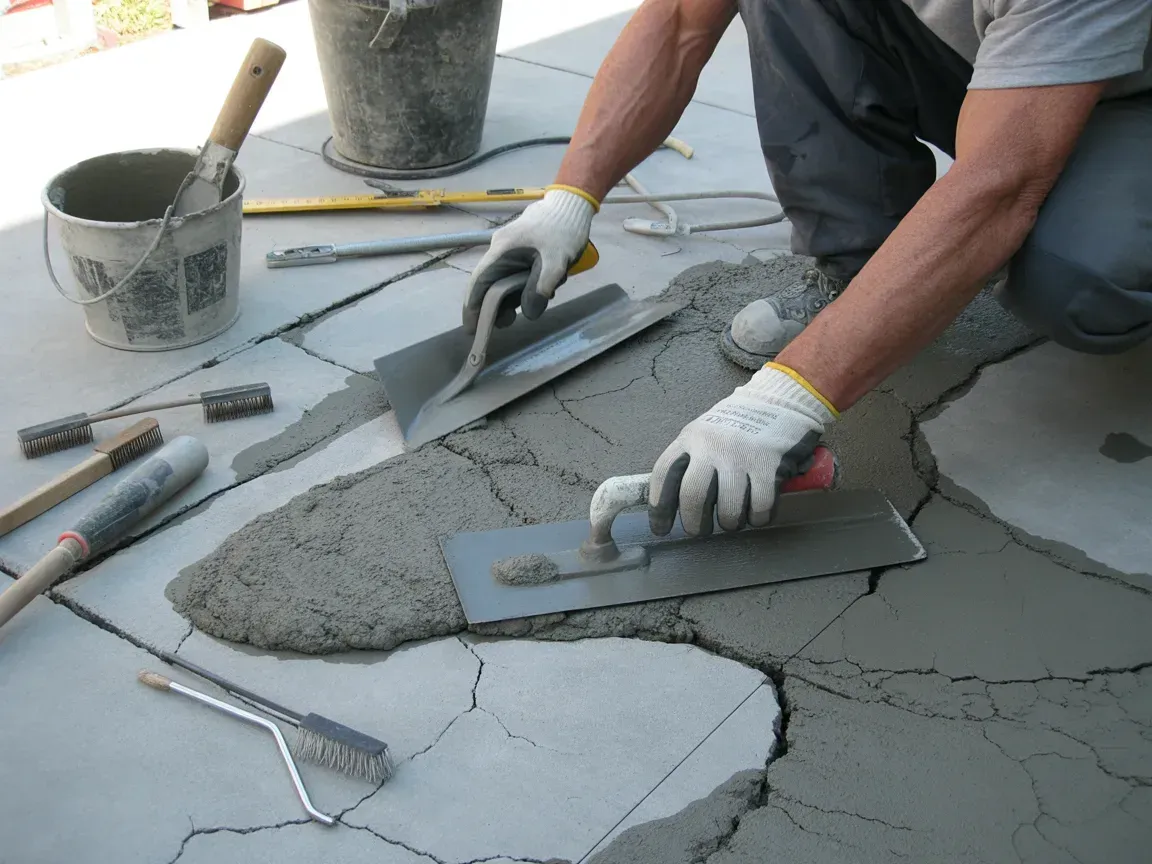 Person using trowels to apply cement on cracked concrete surface, outdoors.