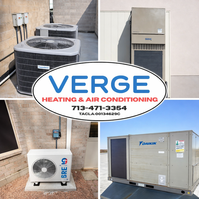 Verge Heating & Air Conditioning ad with rooftop and ground HVAC units in beige and gray units, blue logo and phone number