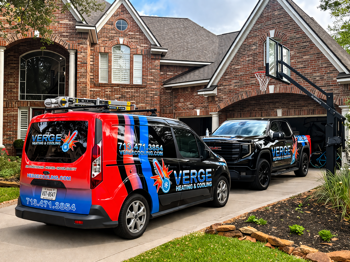 Two HVAC technicians on a rooftop inspecting equipment, wearing black shirts and neon safety vests.