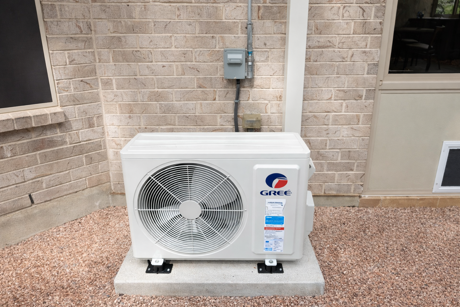 Outdoor HVAC condenser unit on a concrete pad beside a brick house wall.