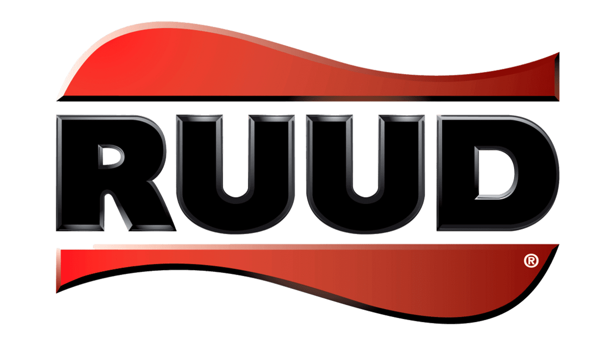 RUUD logo with black letters on a red wave-shaped background.