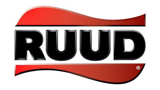 RUUD logo with black letters on a red wave-shaped background.