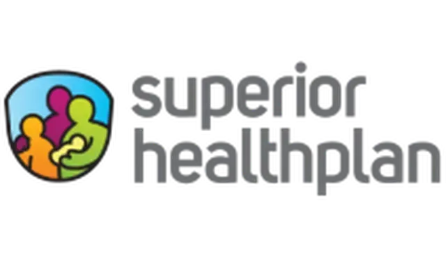 A logo for superior healthplan with a picture of a family