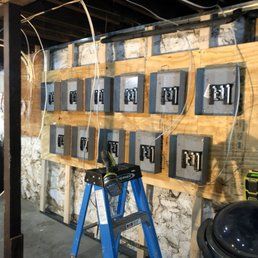 Electrical boxes mounted on plywood in a basement. A blue ladder and tools are in front of them.