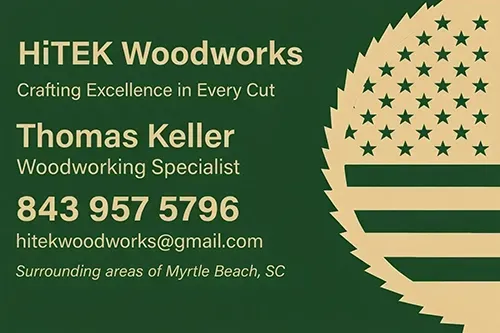 Business card for HiTEK Woodworks with name, contact, and address. Green background and leaf design.