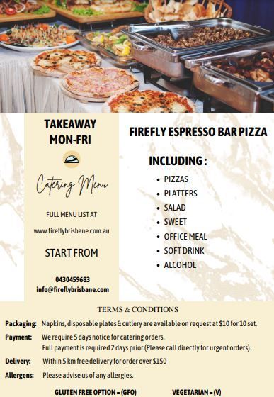 A flyer for a takeaway mon-fri firefly espresso bar pizza.