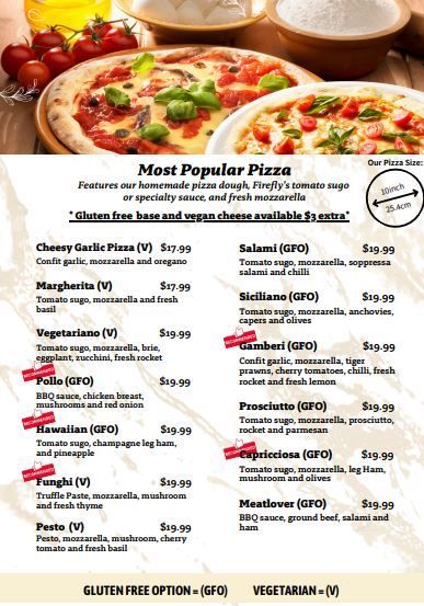 A menu for a restaurant shows a variety of pizzas