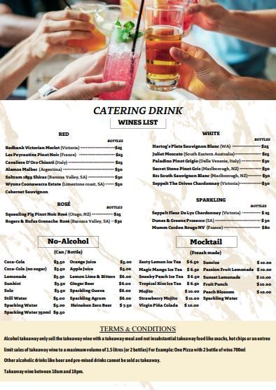 A menu for catering drinks with a picture of people holding drinks