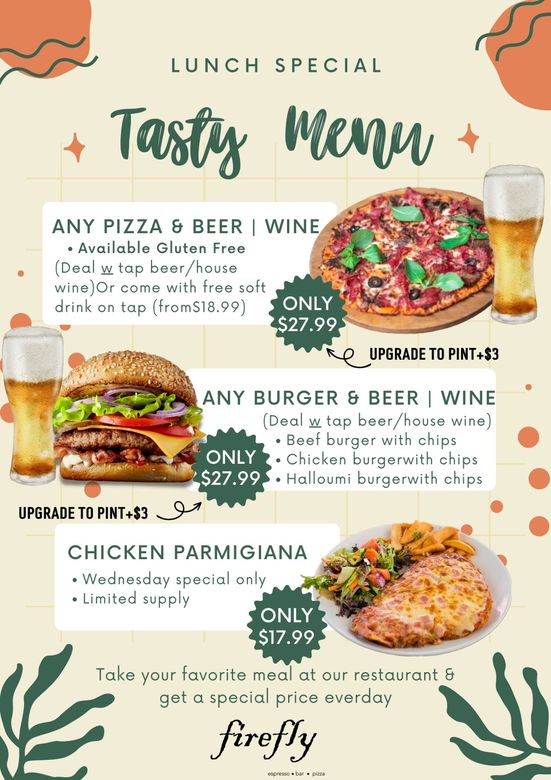 A menu for a restaurant with a pizza , burger , and beer.