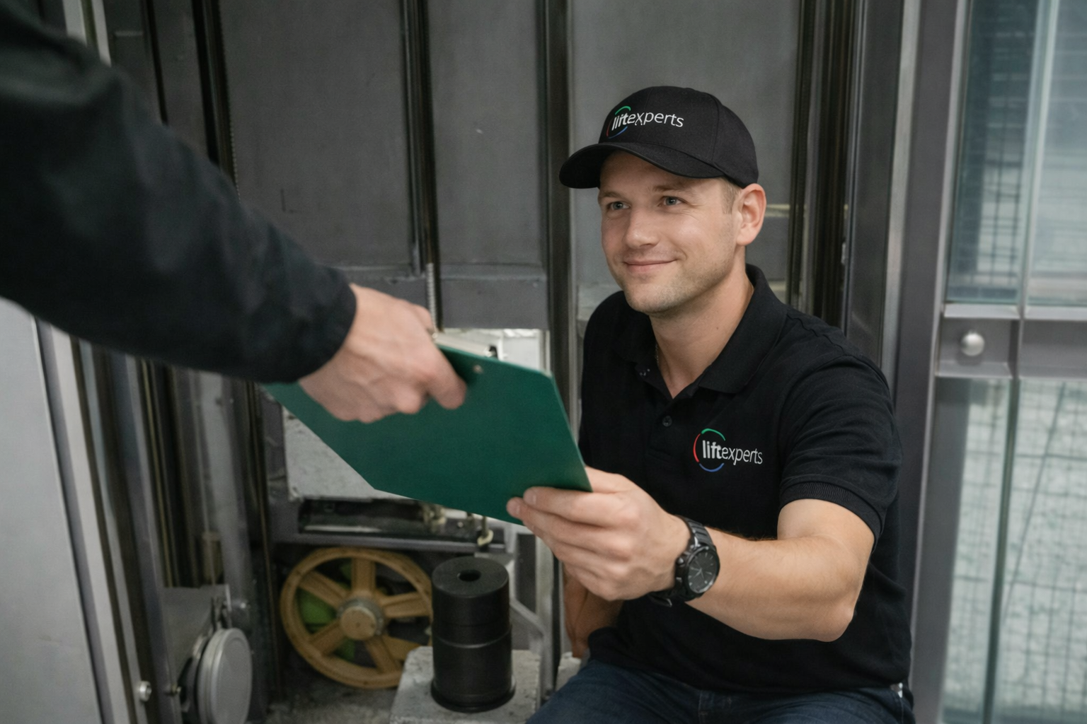 Ein Mann übergibt einem anderen Mann in der Nähe der Aufzugsanlage ein grünes Klemmbrett.