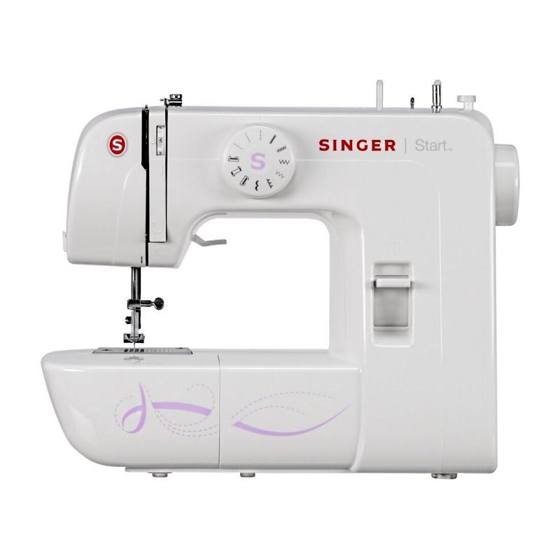 Una macchina da cucire Singer bianca su uno sfondo bianco