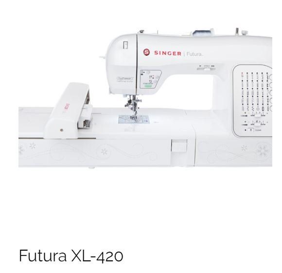 Una macchina da cucire singer futura xl 420 è mostrata su uno sfondo bianco