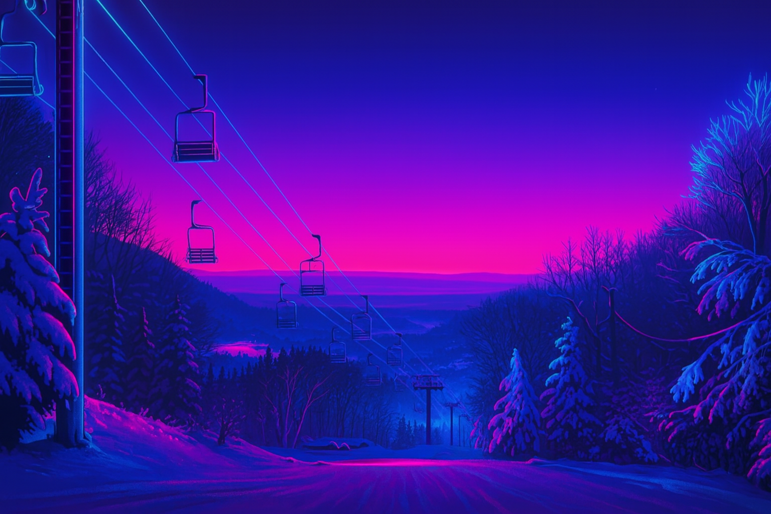 Neon-lit ski resort at dusk. Ski lift over a snow-covered path, flanked by pine trees under a purple and blue sky.