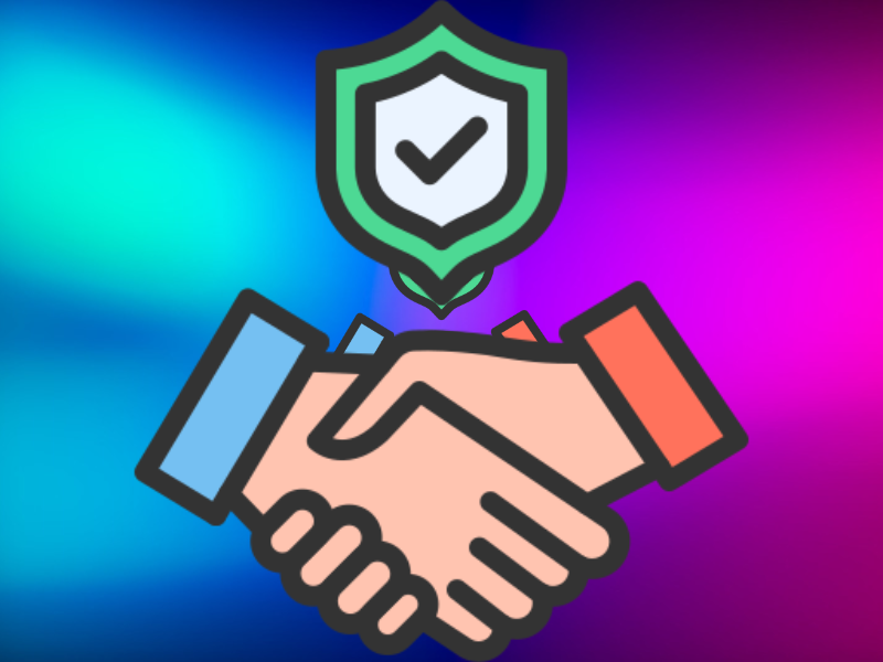 Handshake with a green shield and checkmark above, symbolizing agreement and security.