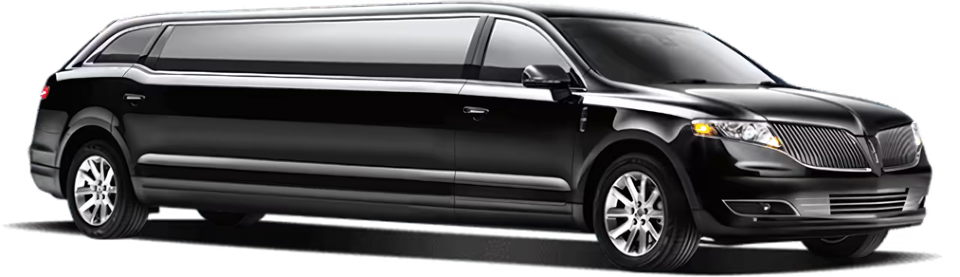 A black limousine is parked on a white background.