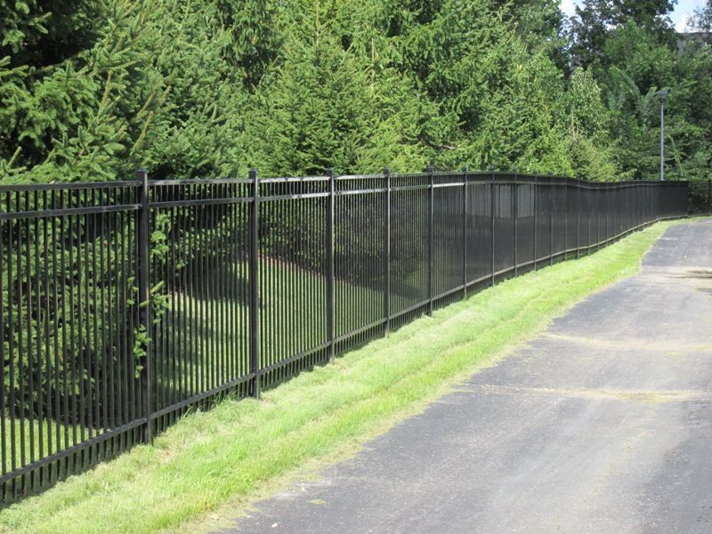 Black metal fence beside a paved path and grass, with trees in the background.