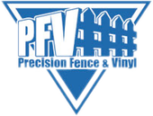 Blue logo for Precision Fence & Vinyl, with "PFV" letters and fence silhouette inside a downward-pointing triangle.