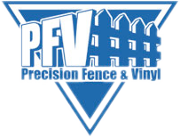 Blue logo for Precision Fence & Vinyl, with "PFV" letters and fence silhouette inside a downward-pointing triangle.
