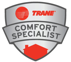 A trane comfort specialist logo with a house on it