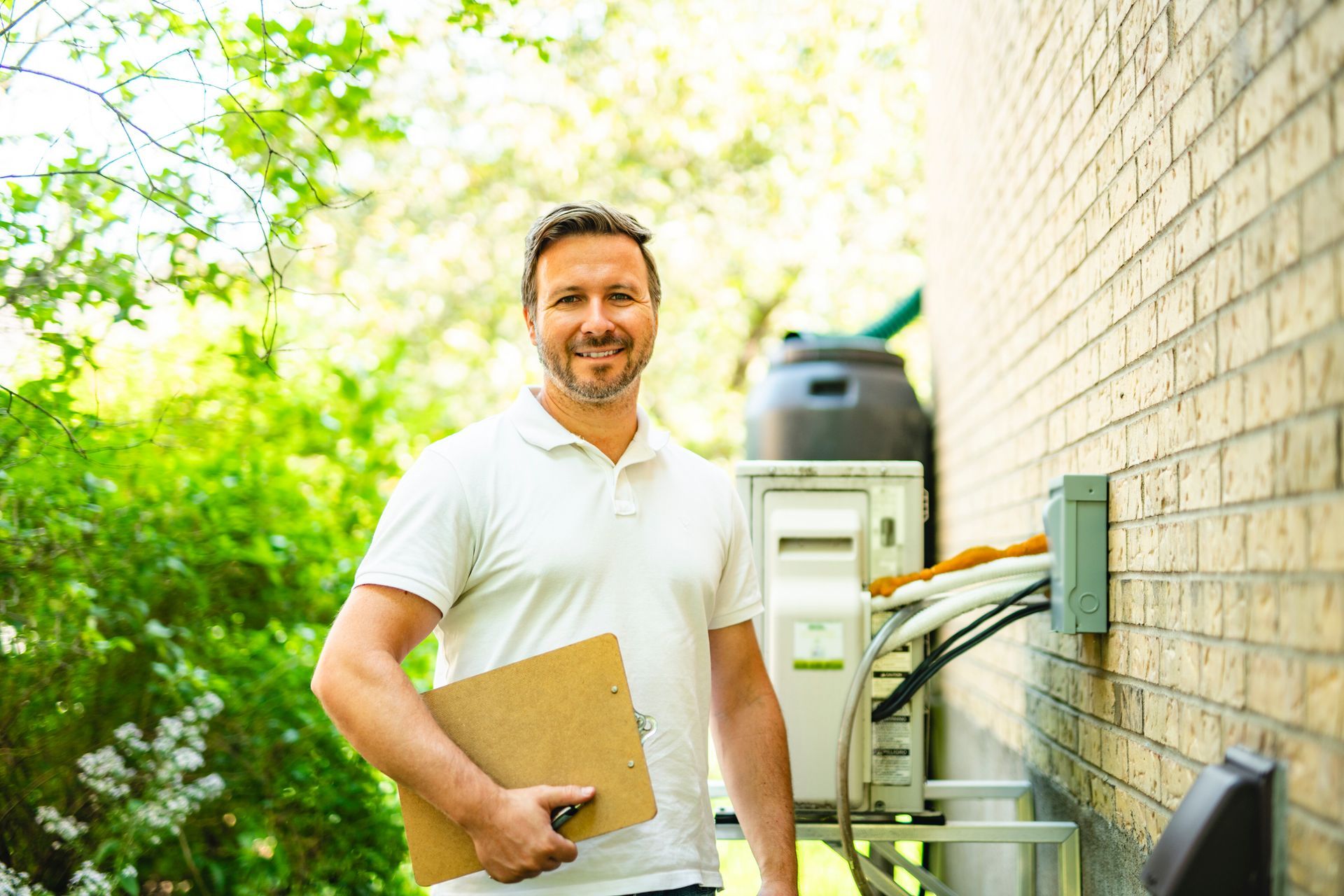 Comfort Control HVAC technician servicing outdoor AC unit during spring in Ridgeland Mississippi.