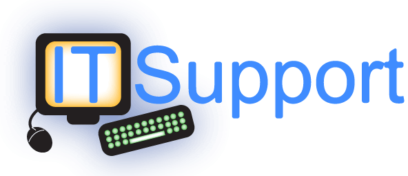 A logo for it support with a computer monitor and keyboard