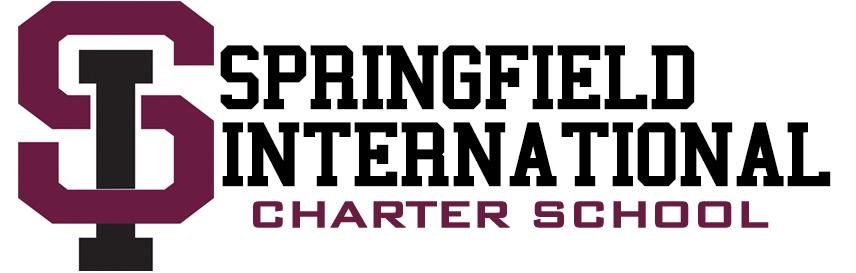 The logo for springfield international charter school is purple and black.