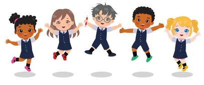 A group of children in school uniforms are jumping in the air.